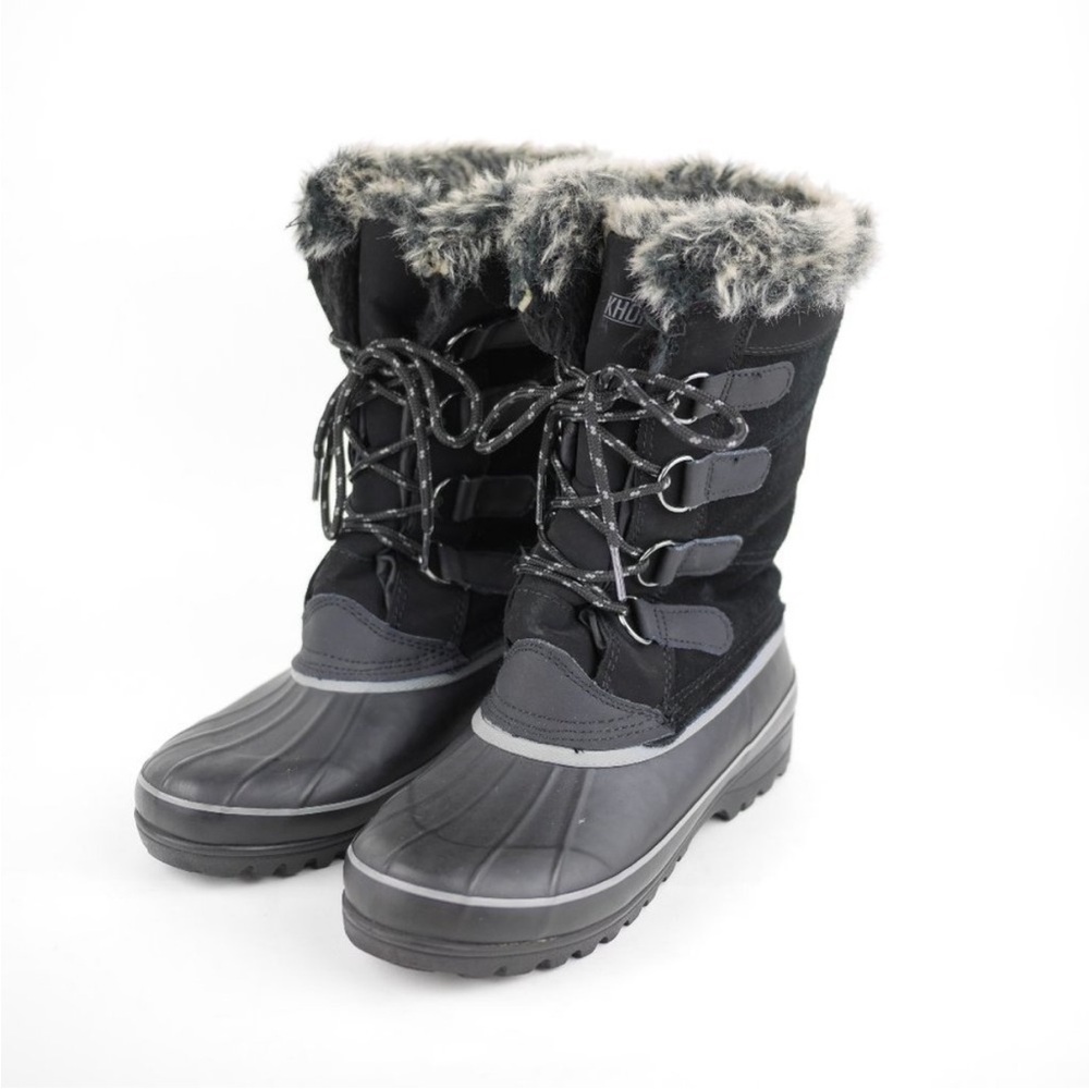 KHOMBU Women's Black Leather Rubber Winter Snow Boots Fleece Lined Mid Calf 7